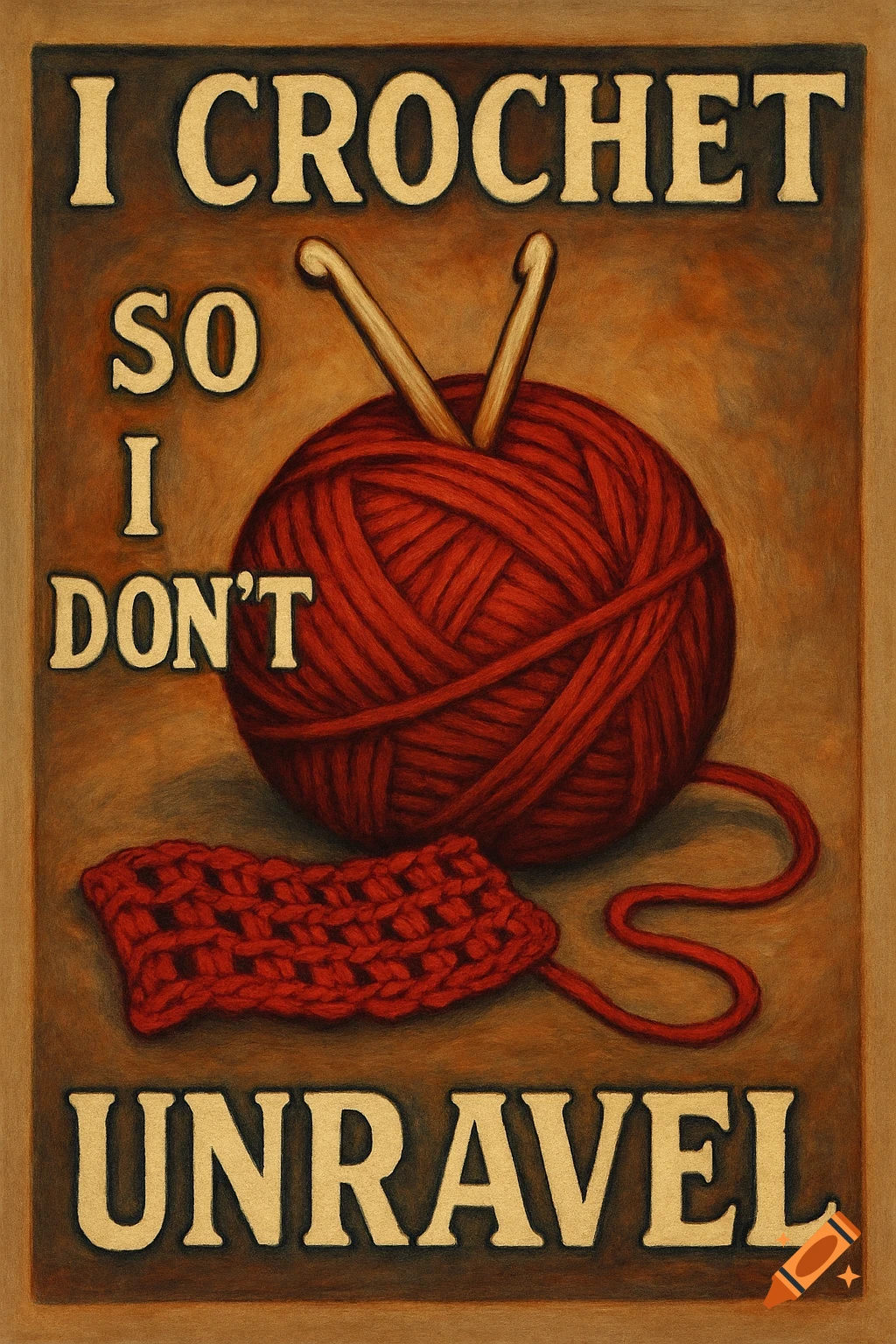 Still life of yarn, crochet hooks, and crochet work with the text 'I CROCHET SO I DON'T UNRAVEL'.