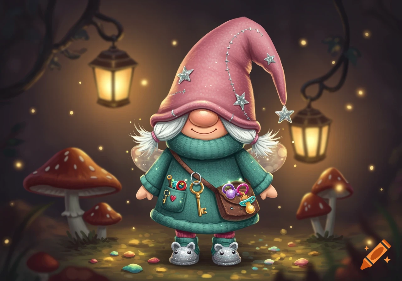 A cute gnome with a pink hat, teal coat, keys, and pacifiers, among mushrooms and lanterns.