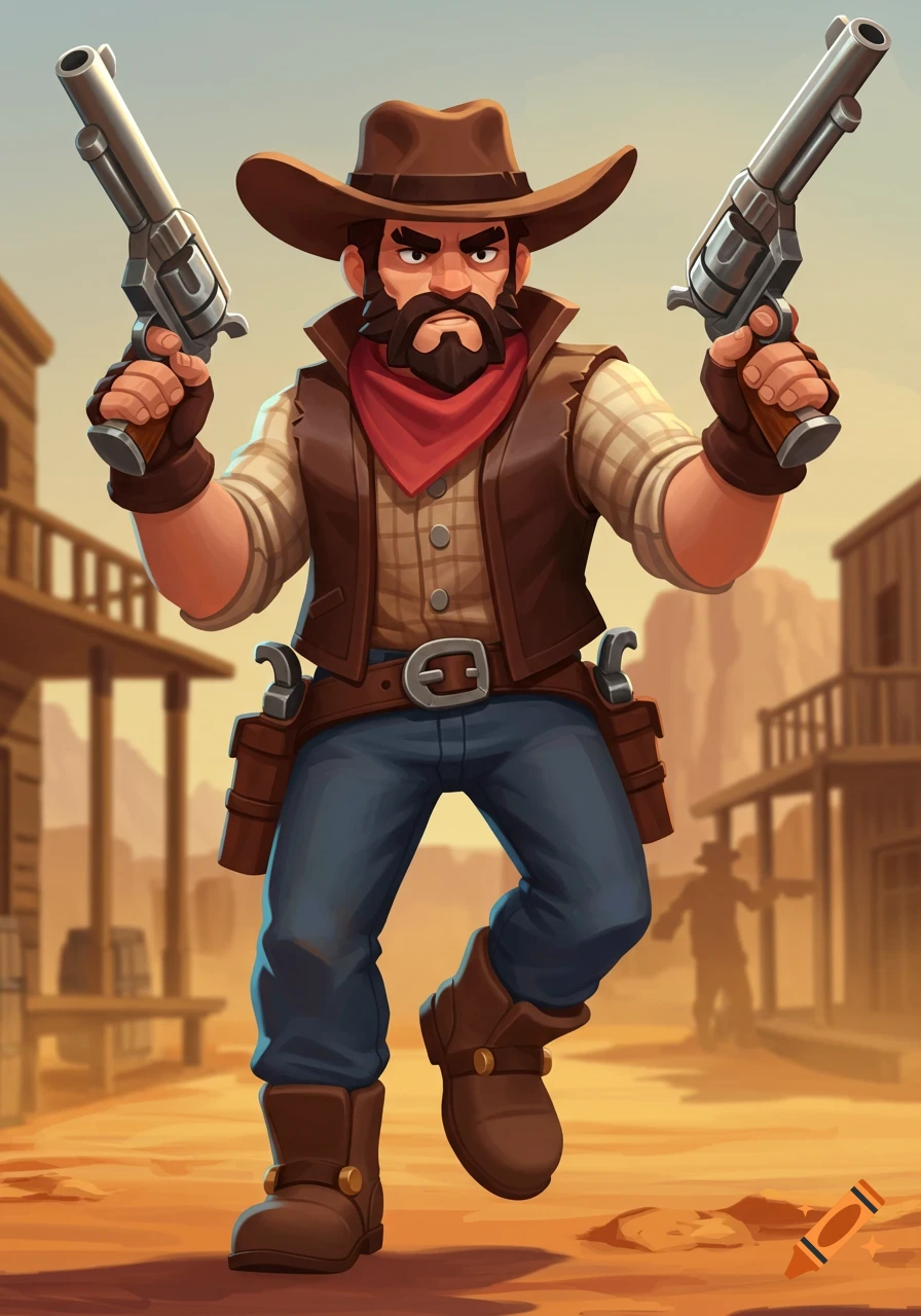 A stylized cowboy character holds two revolvers in a Western town.