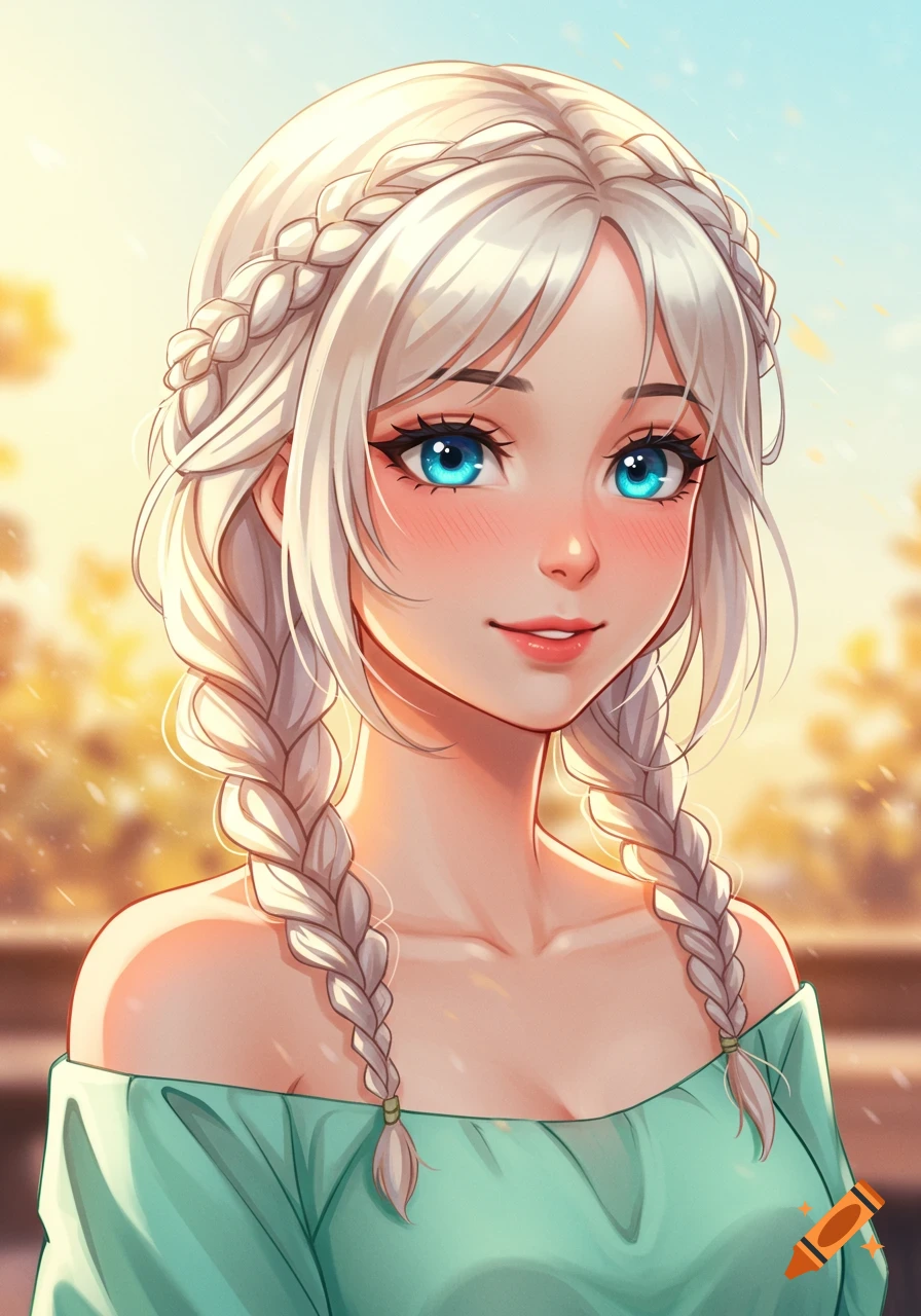 Anime portrait of a girl with platinum blonde braided hair and blue eyes