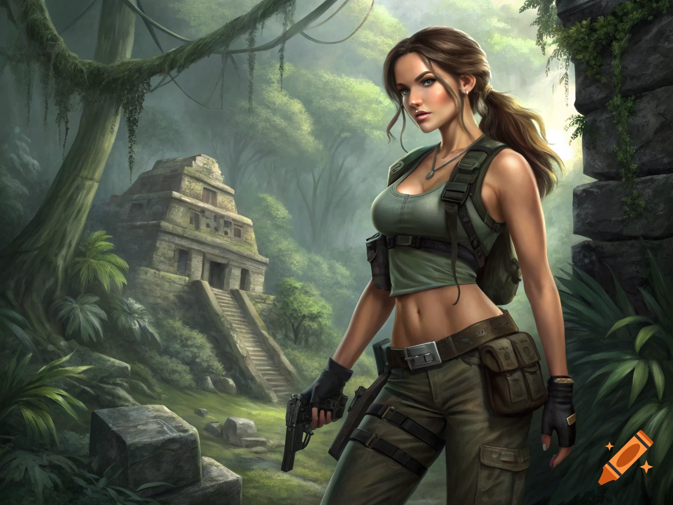 Adventurer woman in a jungle holding a pistol, ancient temple in background, digital art.