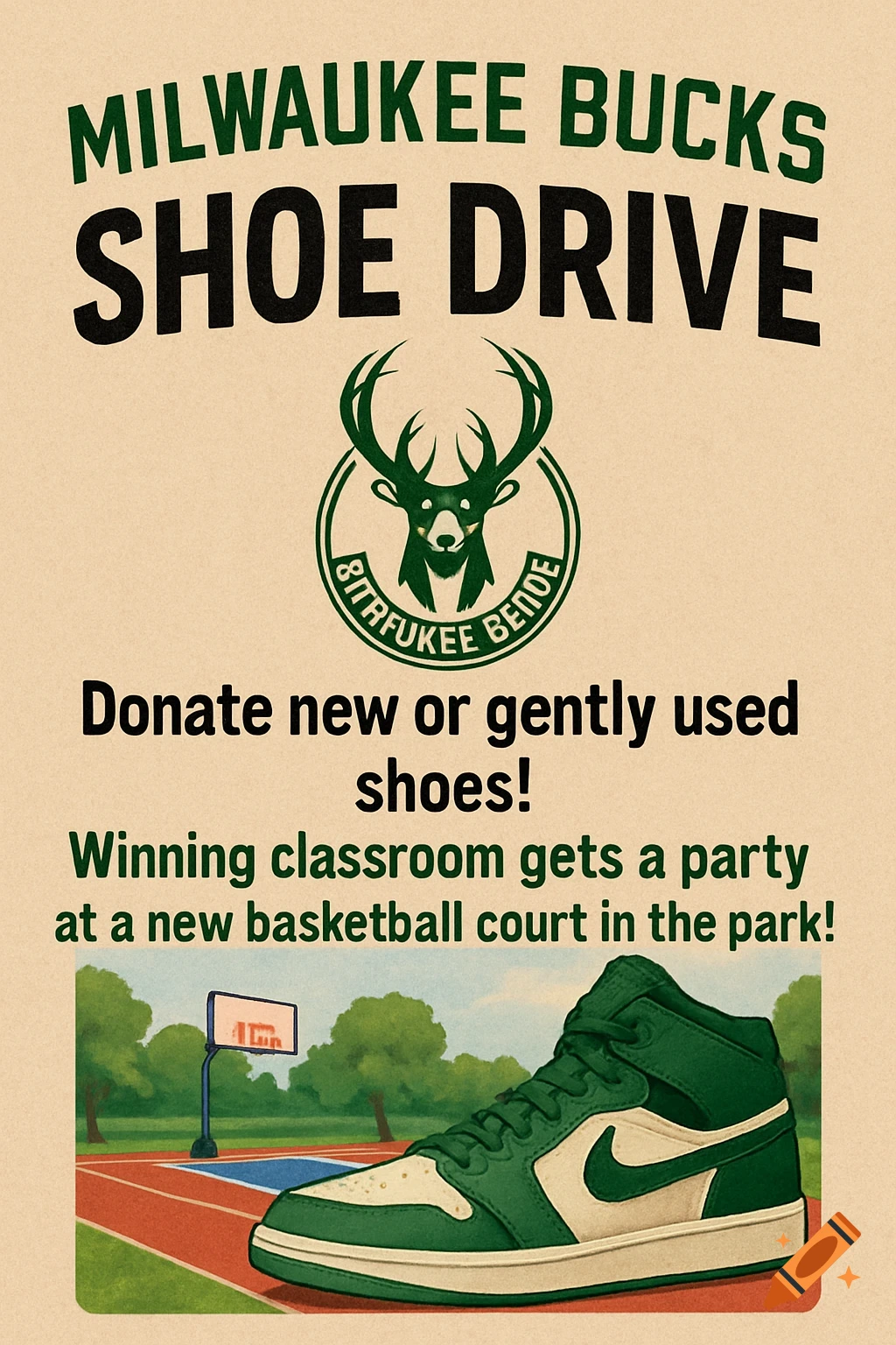 A flyer for a Milwaukee Bucks shoe drive, showing a shoe, a basketball court, and text.