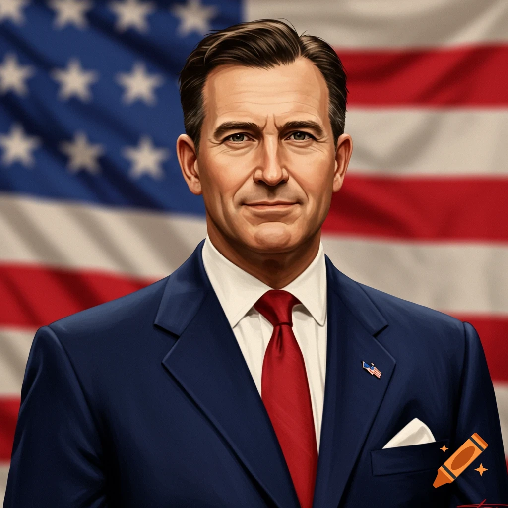 A man in a blue suit and red tie stands in front of an American flag.