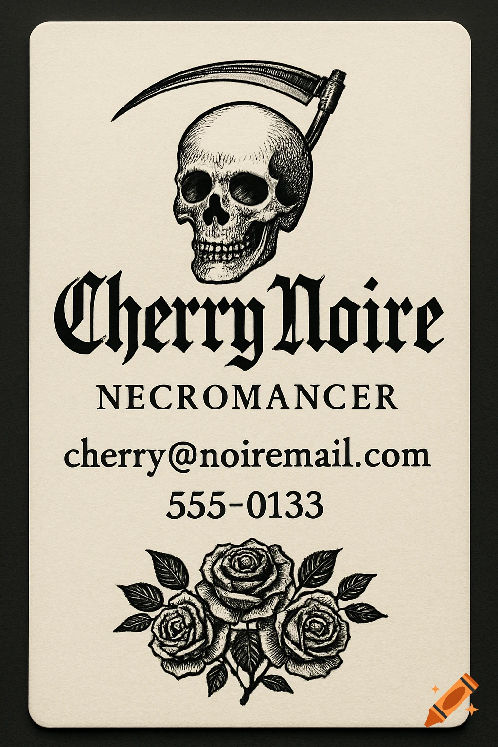 Black and white illustration of a necromancer business card with skull, scythe, text, and roses.