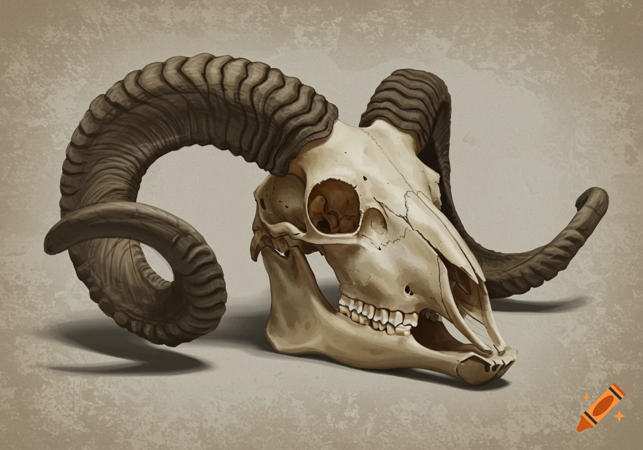 A skull with large curled horns.