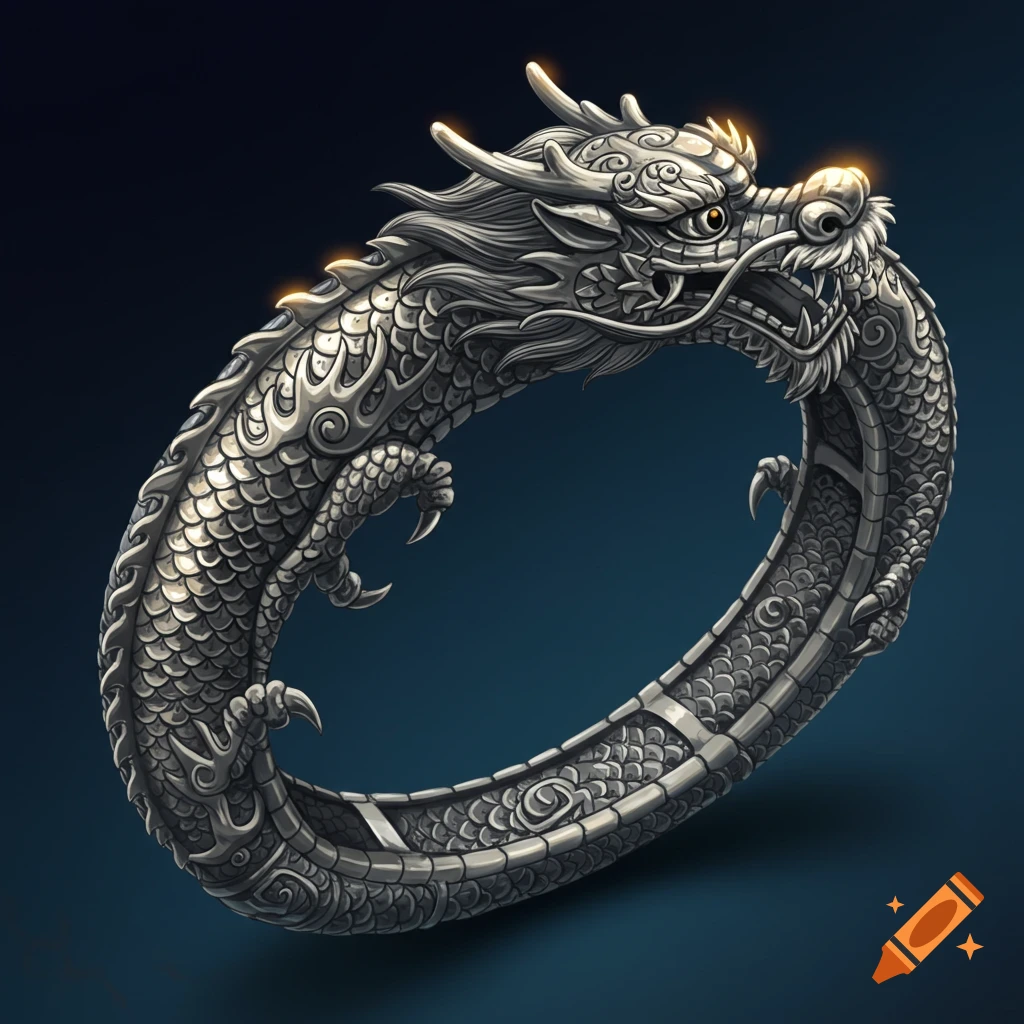 Detailed silver Chinese dragon bracelet on a dark background.