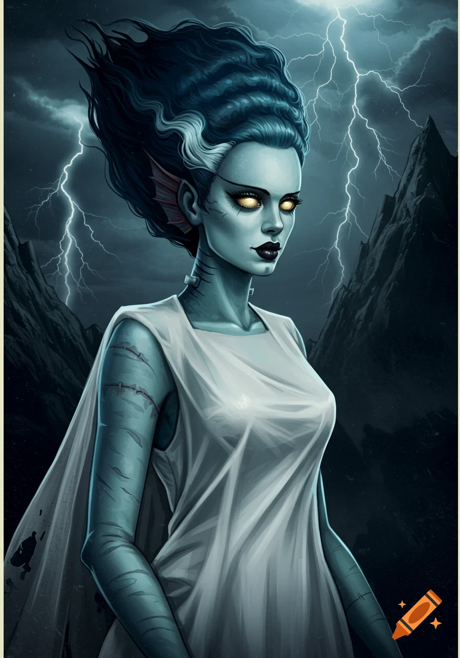 A blue-skinned monster resembling Frankenstein's bride during a lightning storm.
