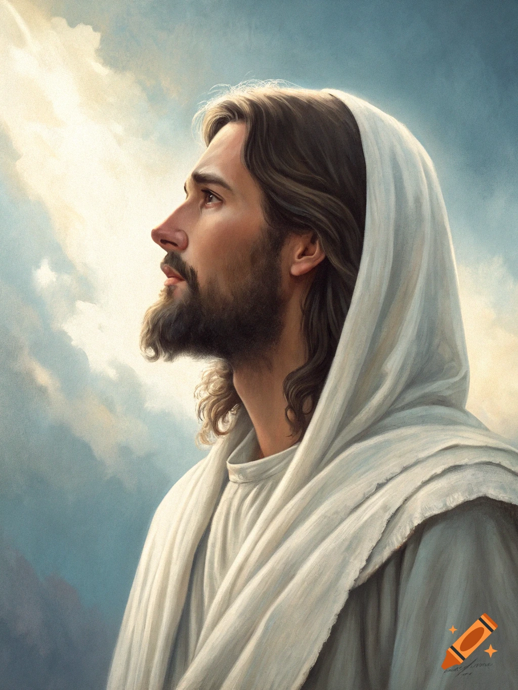 A painted portrait of Jesus looking up at the sky.