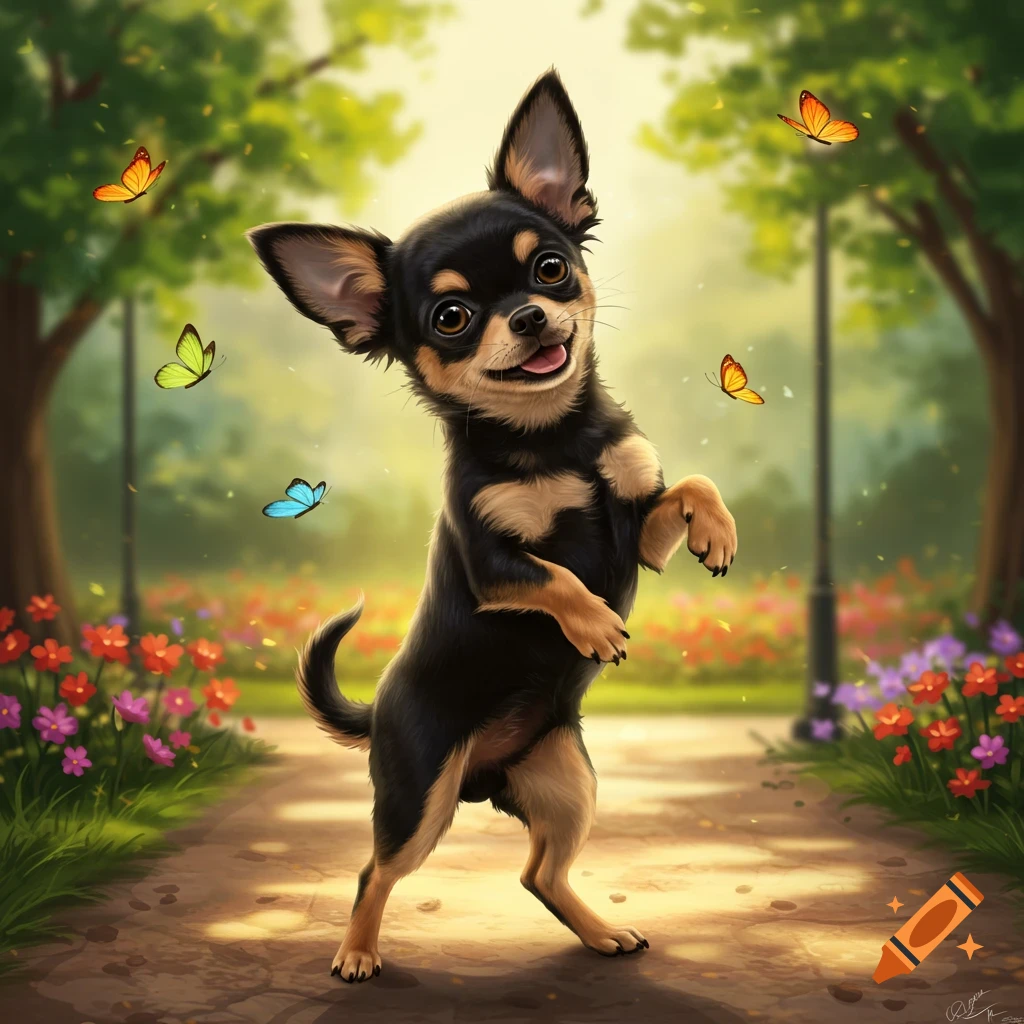 A cute black and tan Chihuahua dancing on a path in a sunny park with flowers and butterflies.