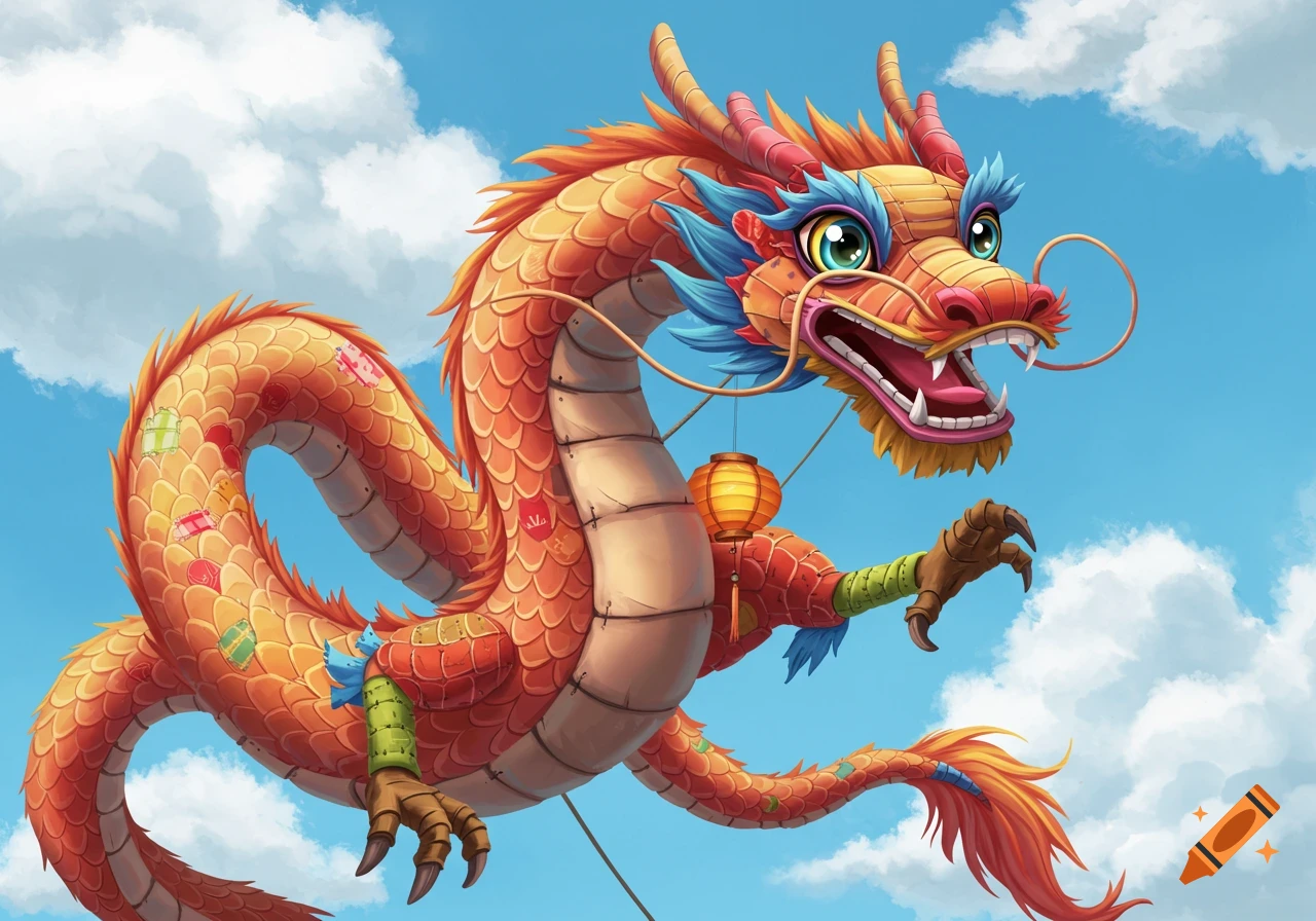 A brightly colored orange Chinese dragon with red, blue, and pink details flies in a blue sky with white clouds, holding a lantern.