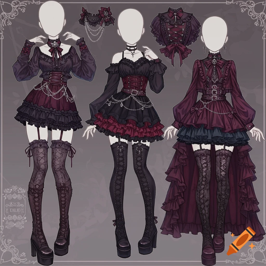 Digital illustration showing three mannequins wearing various gothic/lolita dresses, stockings, and accessories.