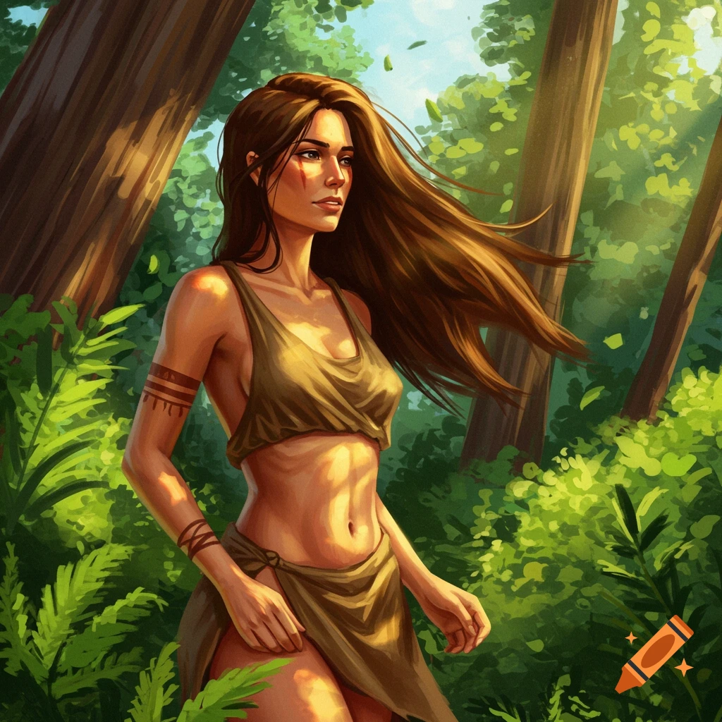 A woman with long hair stands in a sun-drenched forest clearing.