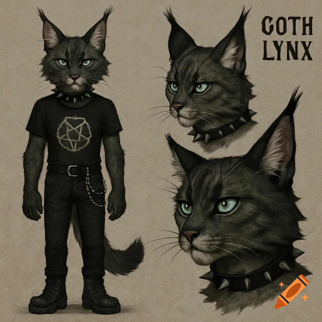 Reference sheet of a goth lynx fursona wearing a spiked collar and pentagram shirt.