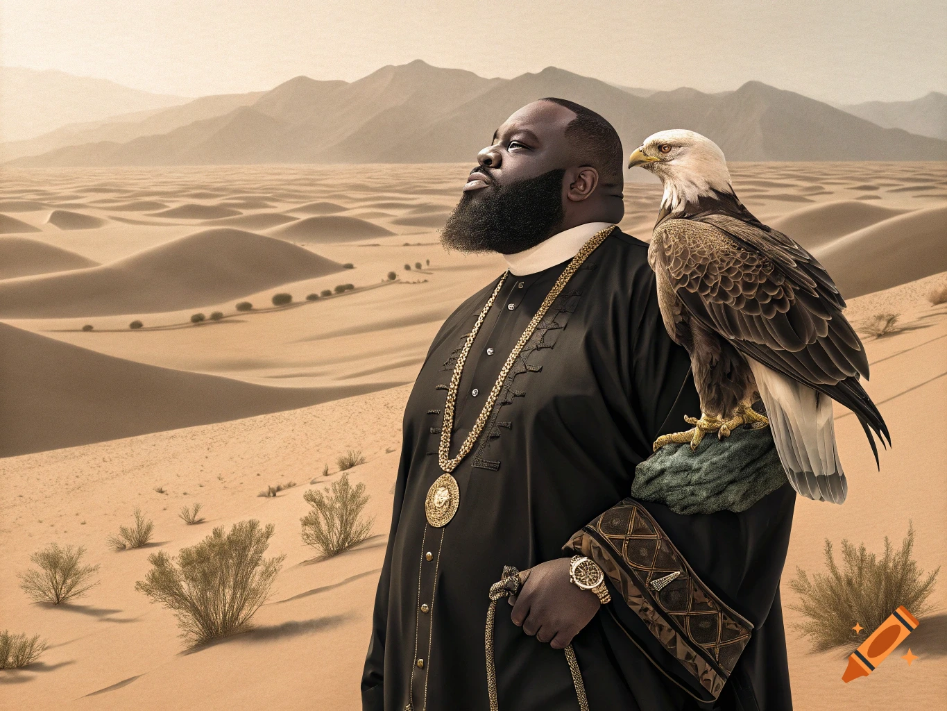 A man with a beard in a desert with an eagle on his arm.