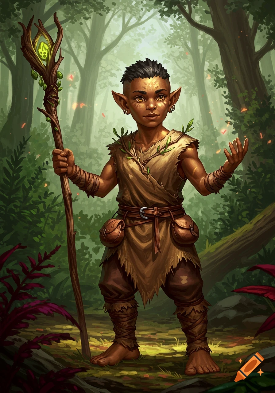A druid halfling stands in a forest holding a quarterstaff.