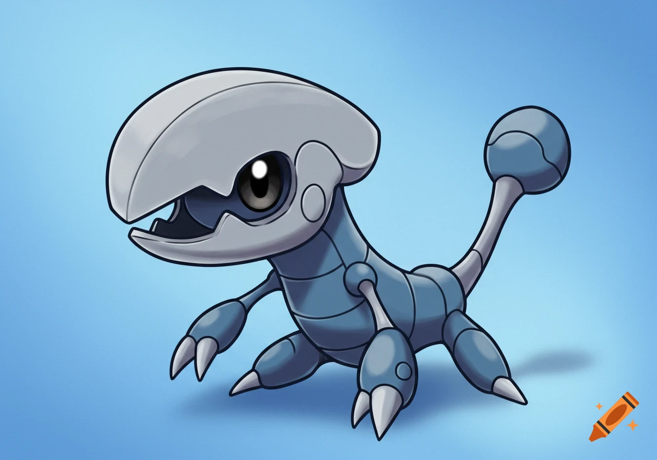 A blue and grey robotic creature with claws and a ball-tipped tail stands against a blue background in a stylized art style.