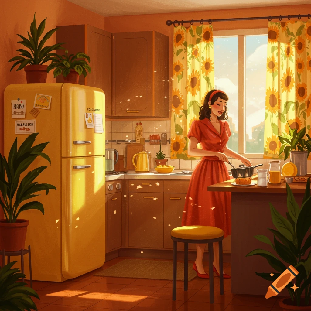 A woman is cooking in a sunlit retro kitchen with sunflower curtains.