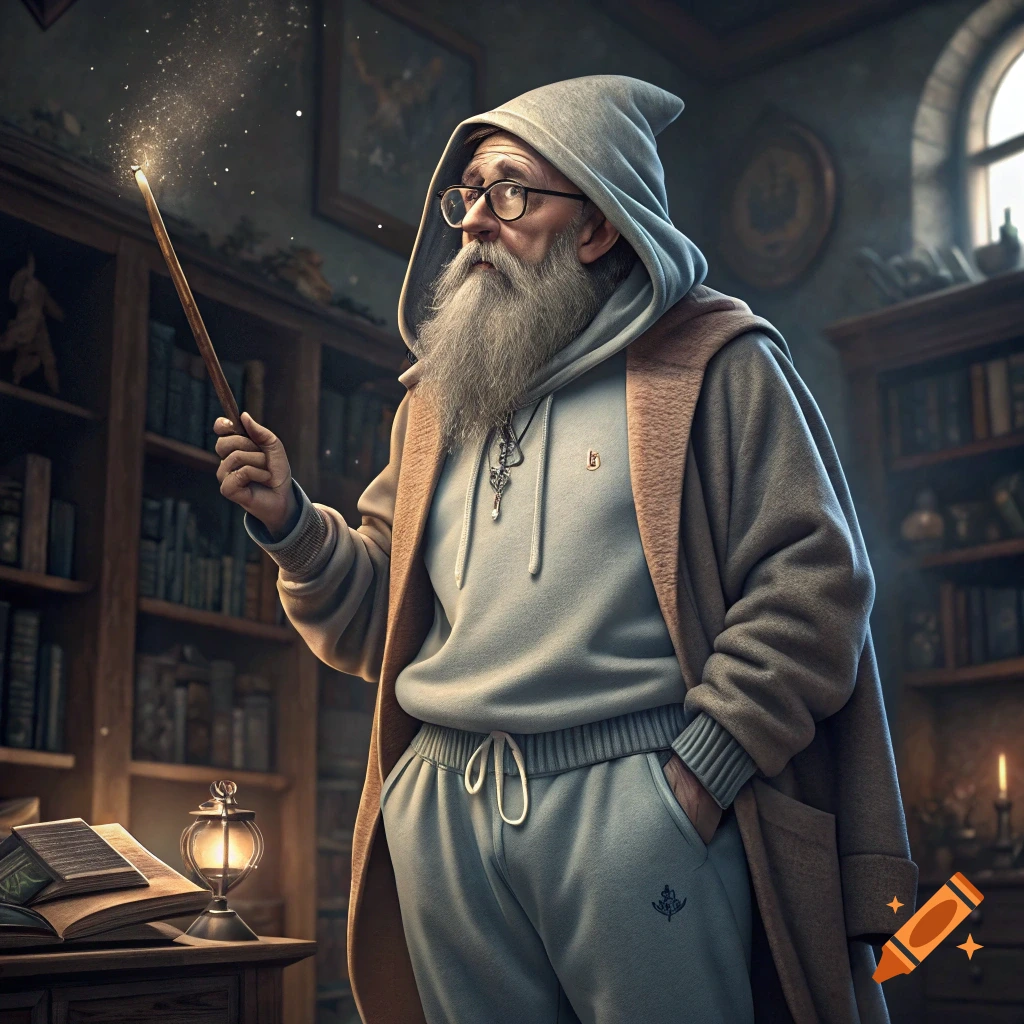 An old wizard in a hoodie and sweatpants casts a spell in a library.
