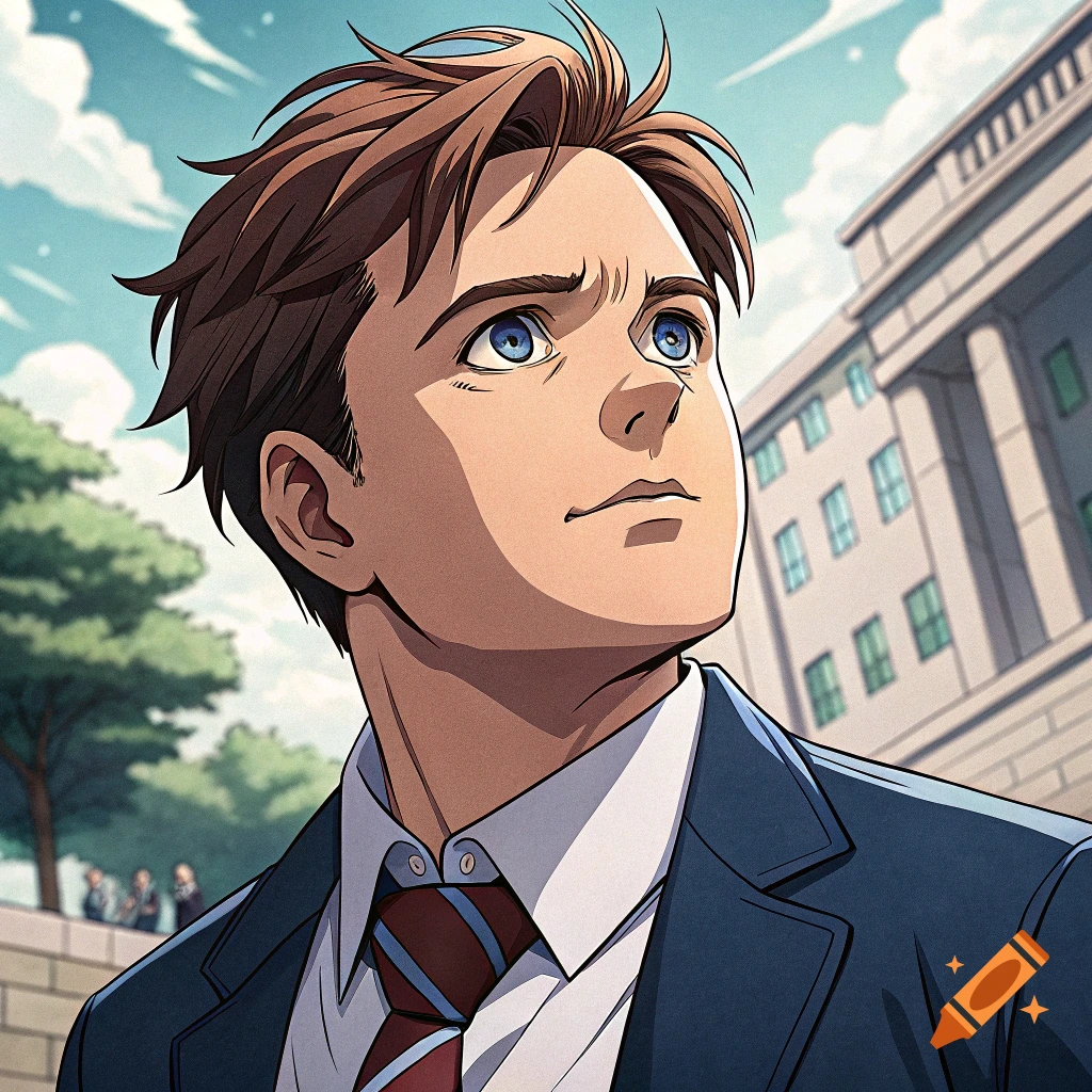 Anime-style portrait of a young man in a suit looking up, with a building in the background.