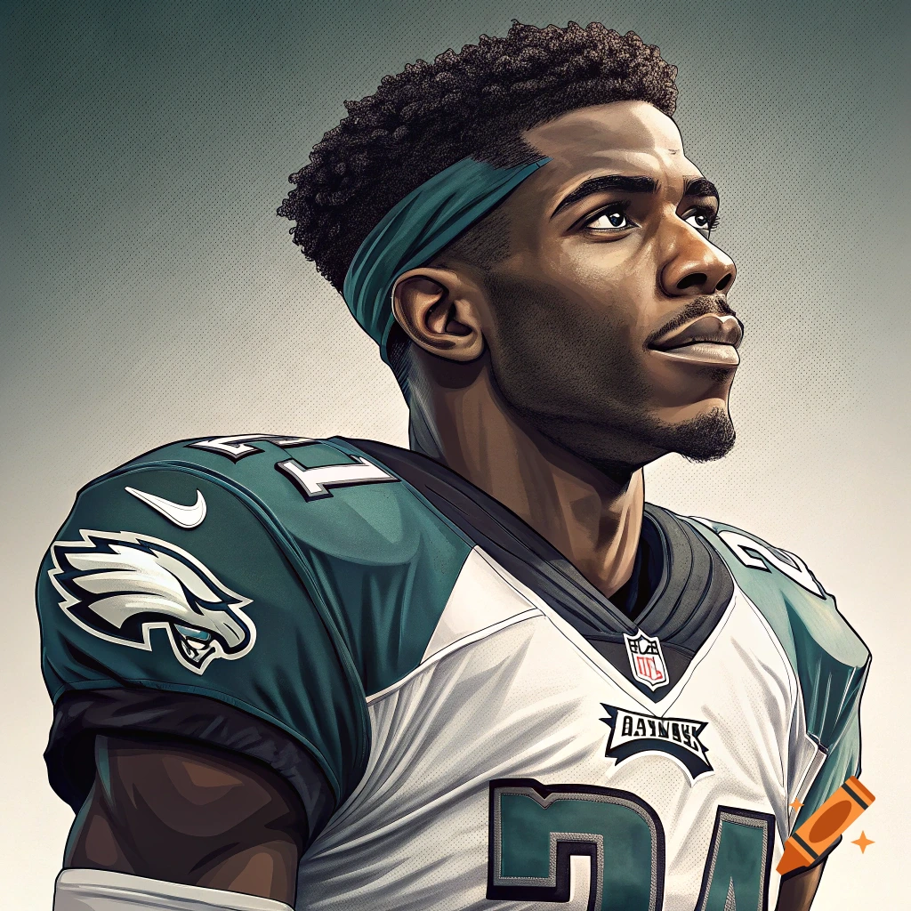 Stylized portrait of a football player in a teal and white uniform looking up.