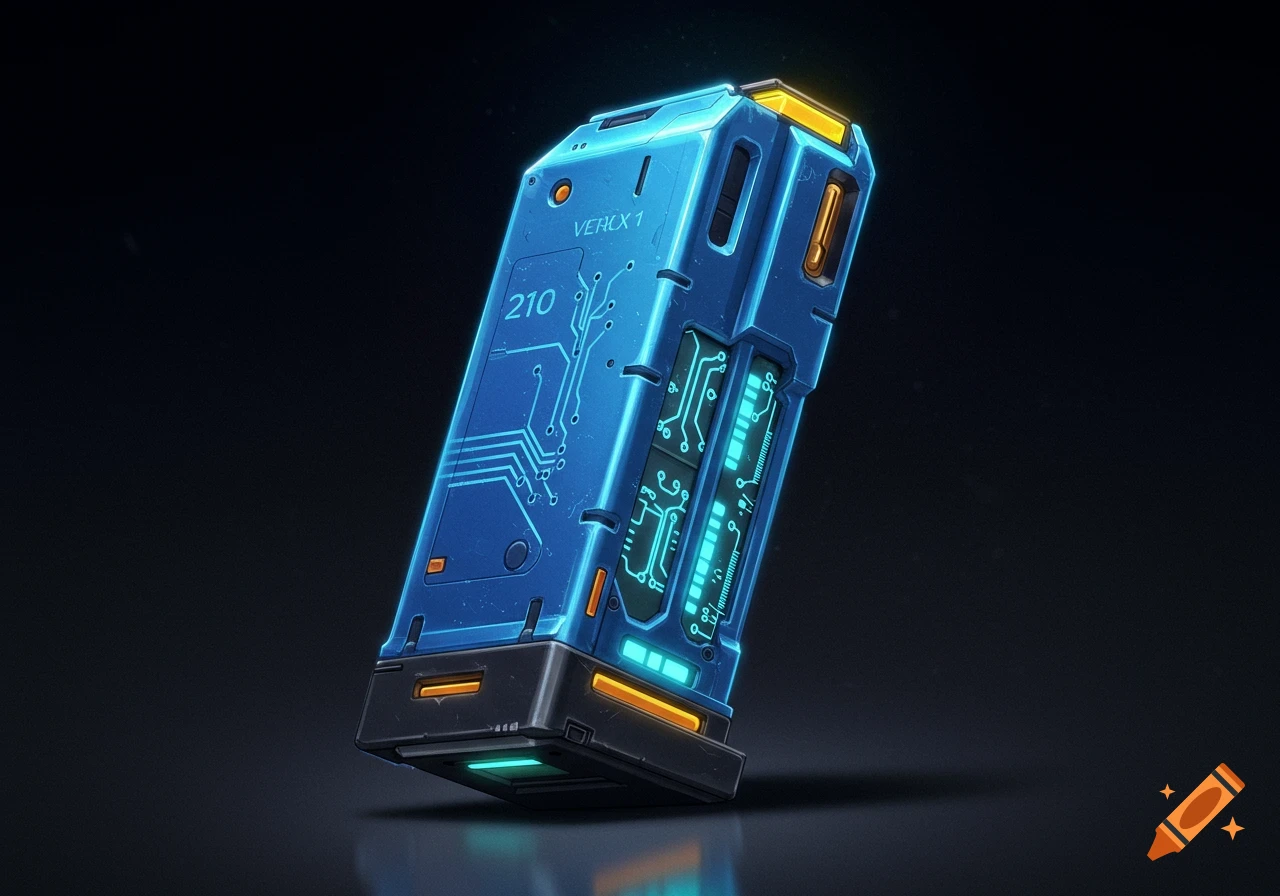 A futuristic blue electronic device with glowing parts and text.