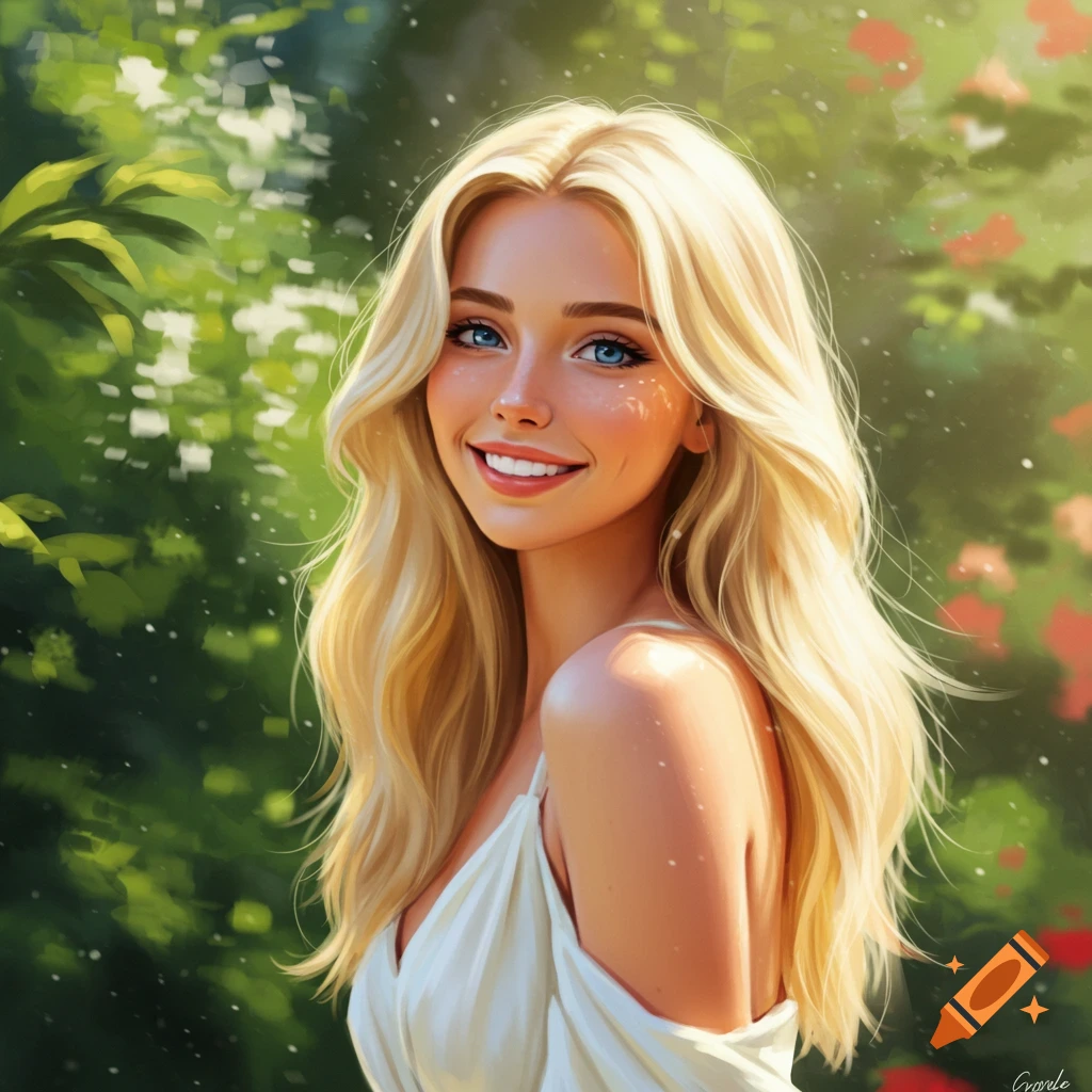 A smiling blonde woman is outdoors in a white dress with green foliage and red flowers.