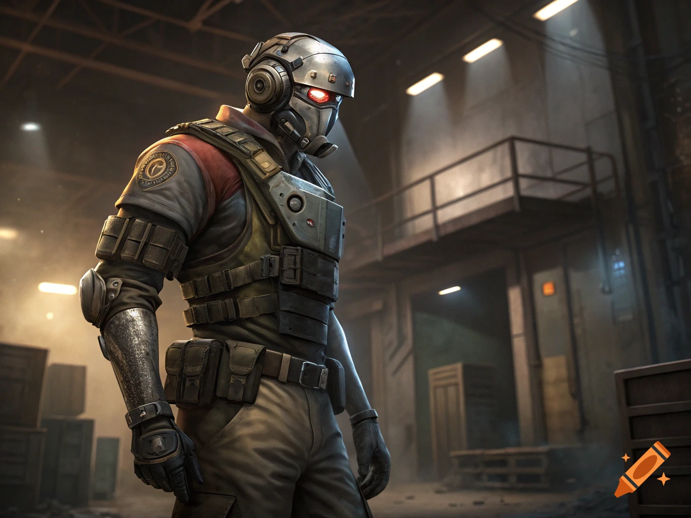 A cyborg soldier in tactical gear stands in a dimly lit industrial warehouse.
