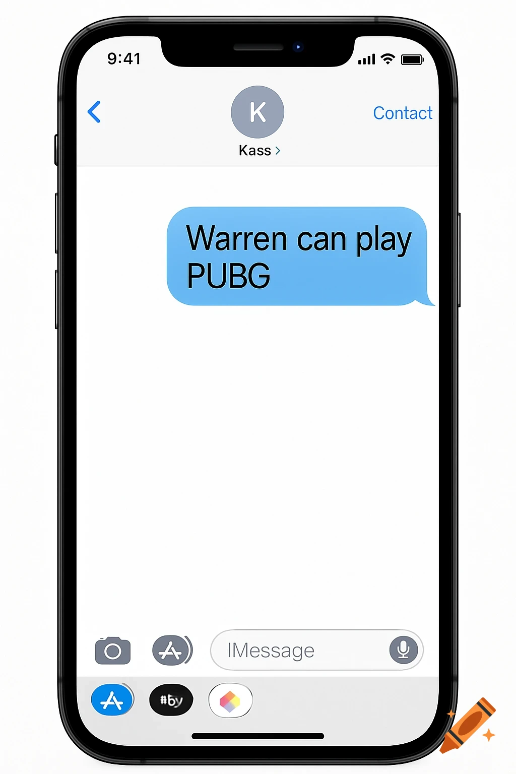 An iPhone screen displaying a text message from Kass saying "Warren can play PUBG".