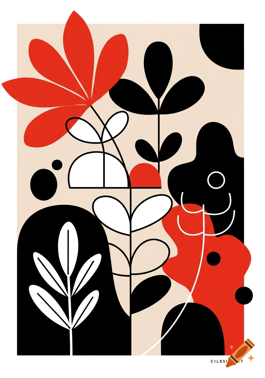 Abstract illustration of stylized plants and shapes in red, black, and white.