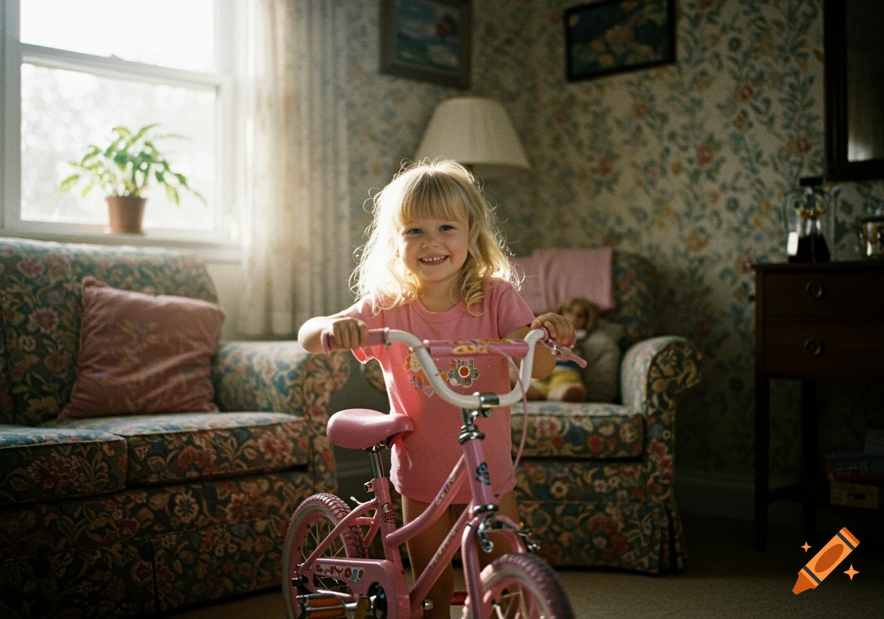 A young girl smiles on a pink bicycle in a sunlit living room.