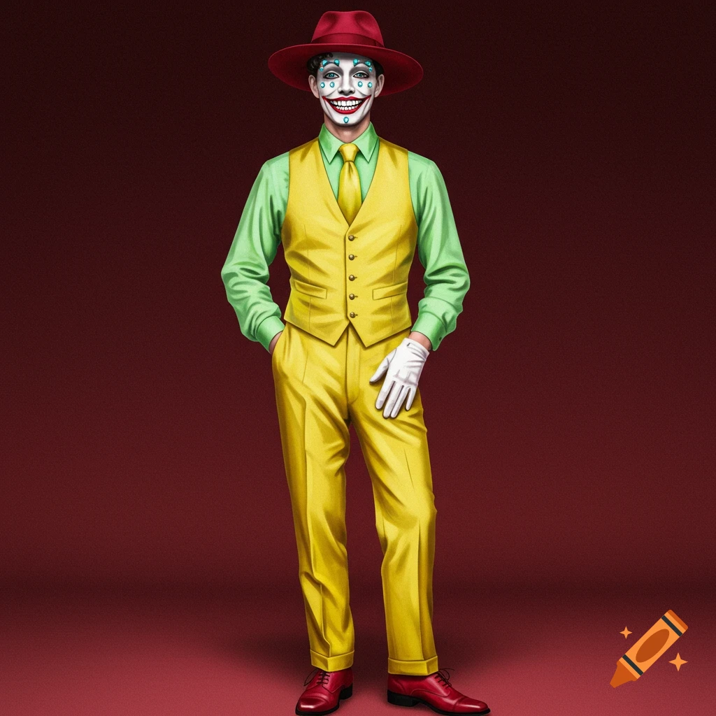 A man in a yellow suit, green shirt, yellow vest, red hat, and clown makeup standing against a red background.