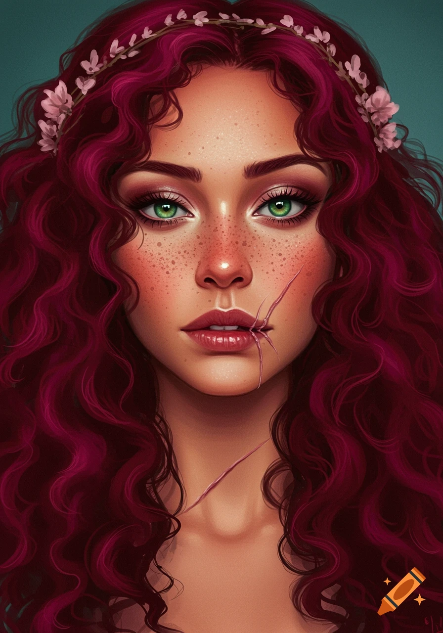 Portrait of a woman with red curly hair, green eyes, freckles, floral headband, and a scar.