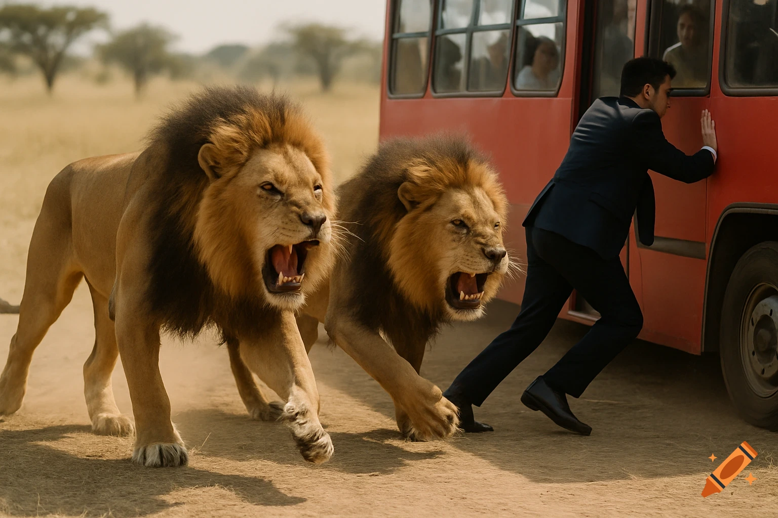Two lions chase a man running towards a red bus in a savanna.