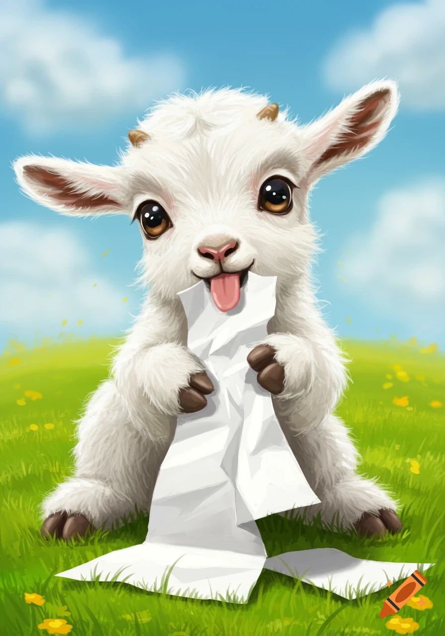 A cute baby goat sits in a grassy field holding and eating a crumpled piece of white paper.