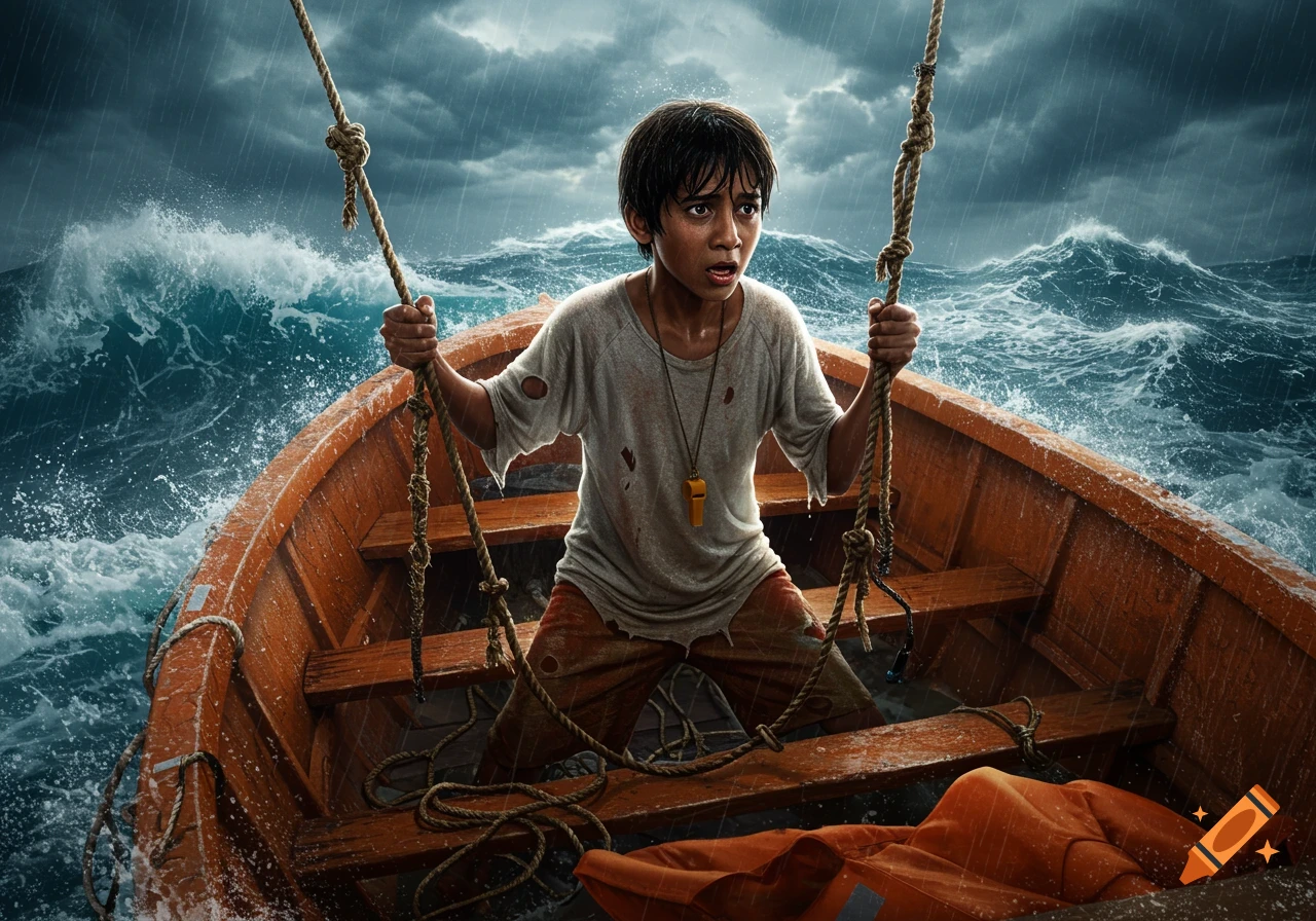 Boy holds ropes in a small boat during a violent storm at sea. Realistic illustration.