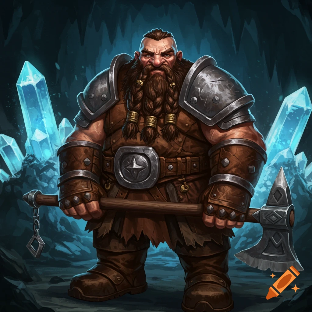 A fierce dwarf holding an axe in a crystal cave.