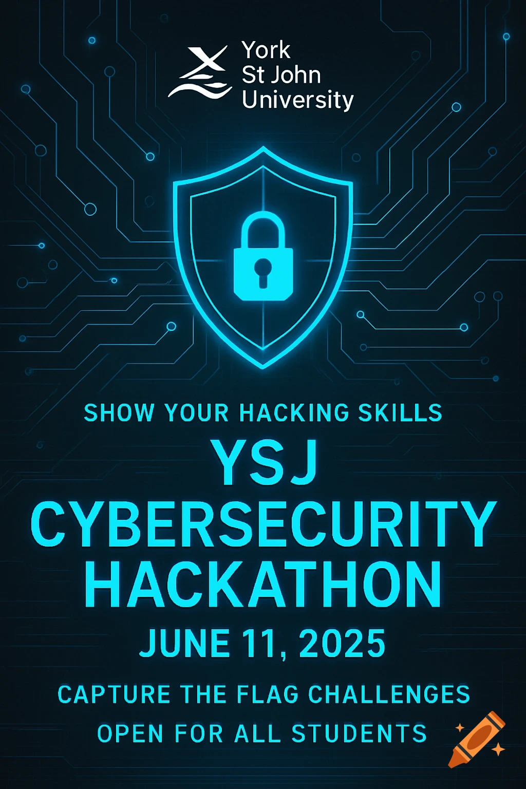Poster for YSJ Cybersecurity Hackathon with shield icon and circuit background.