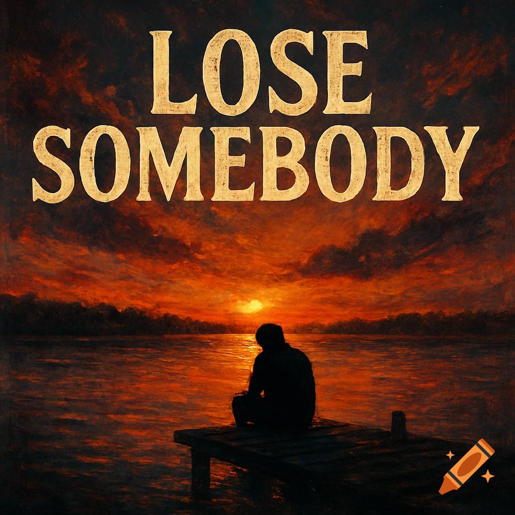 A person sitting on a dock watching a sunset over a lake with the text 'LOSE SOMEBODY'.