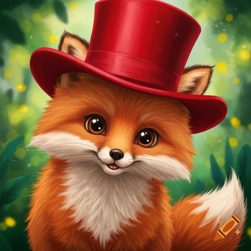 A cute illustration of a fox wearing a red top hat in a forest.