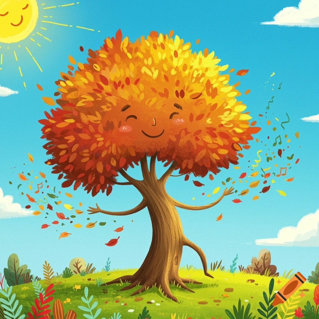 Whimsical cartoon tree with a smiling face shedding autumn leaves in a children's book style under a blue sky.