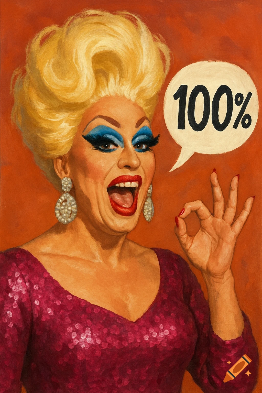Painting of a drag queen making an OK gesture with a speech bubble saying 100%