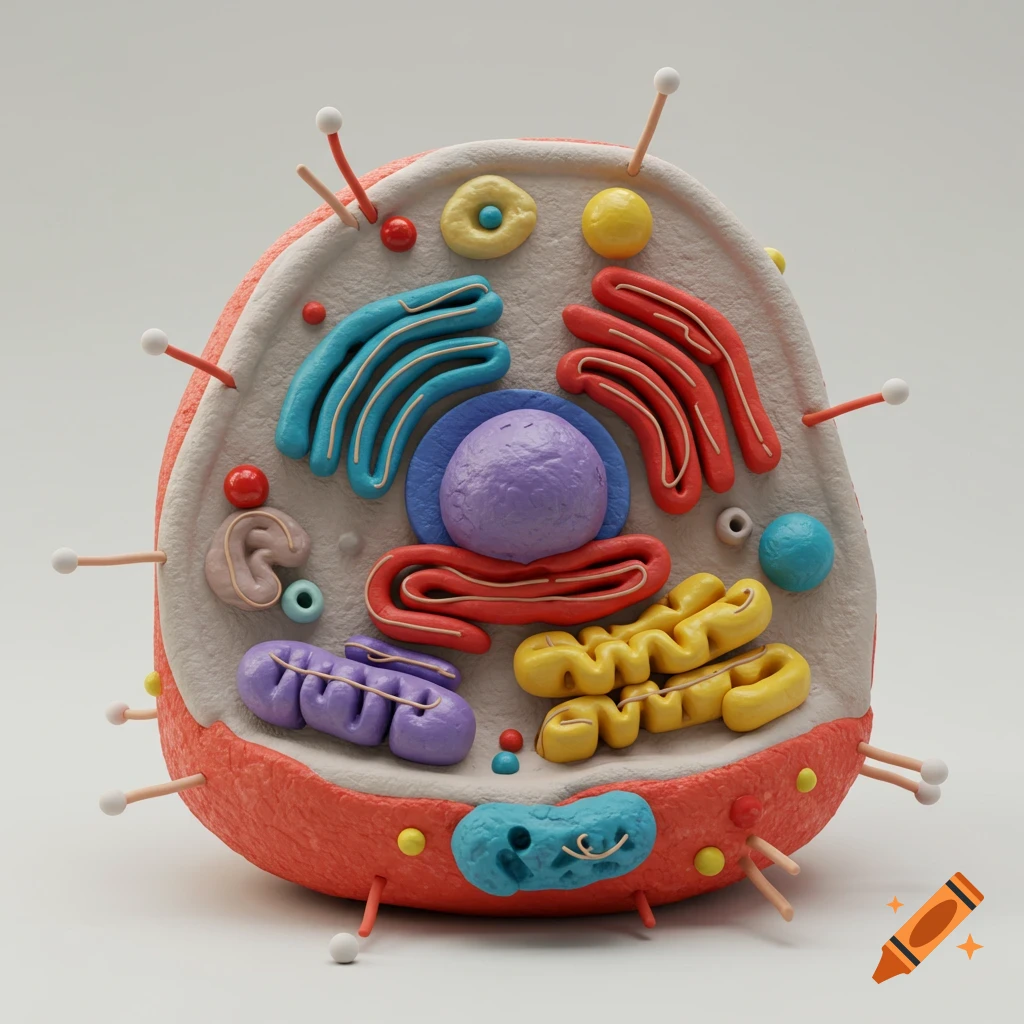 Colorful model of an animal cell showing organelles.