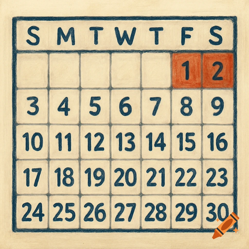 A calendar grid shows the days SMTWTFS and the numbers 1-30. The first two squares, labeled 1 and 2, are highlighted in orange.