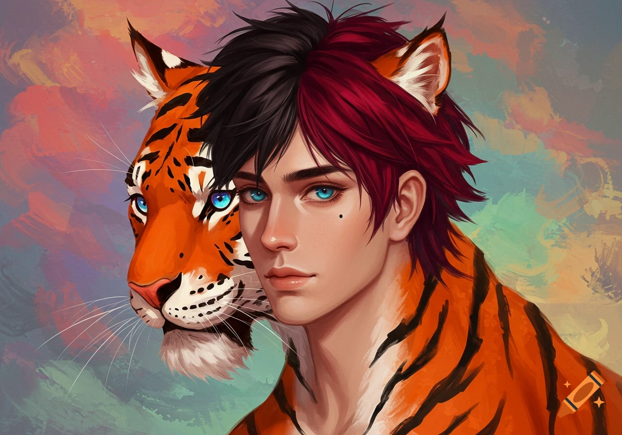 Image of a male character with split black and red hair and blue eyes next to a tiger.