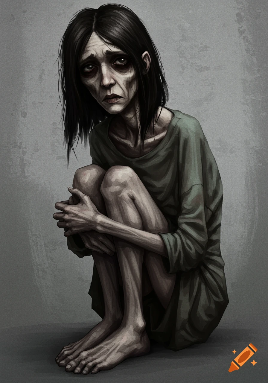 An extremely thin, distressed woman is sitting and hugging her knees.
