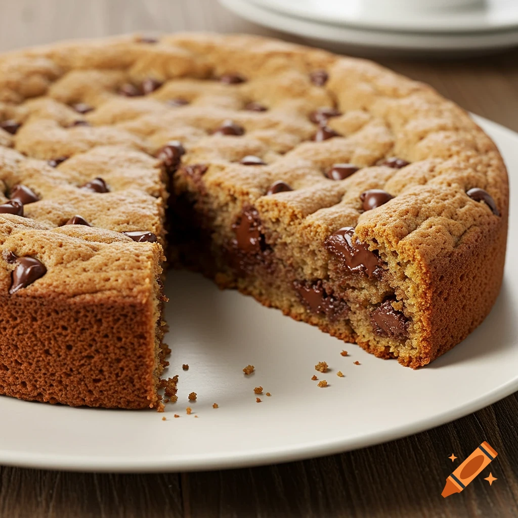 Close-up of a chocolate chip cookie cake with a slice cut out on a white plate, showing melted chocolate chips.