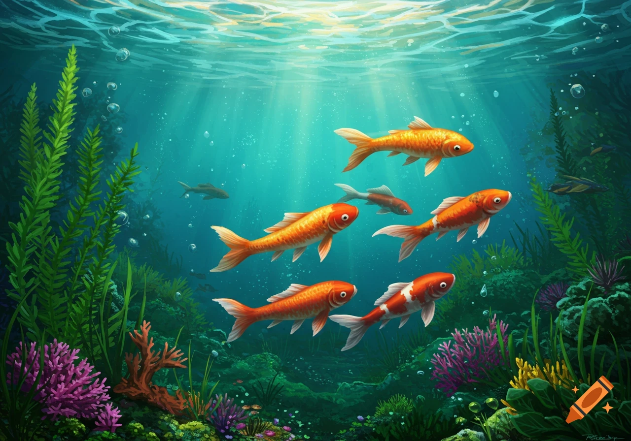 Several goldfish and koi swim in a sunlit underwater scene with plants and rocks.
