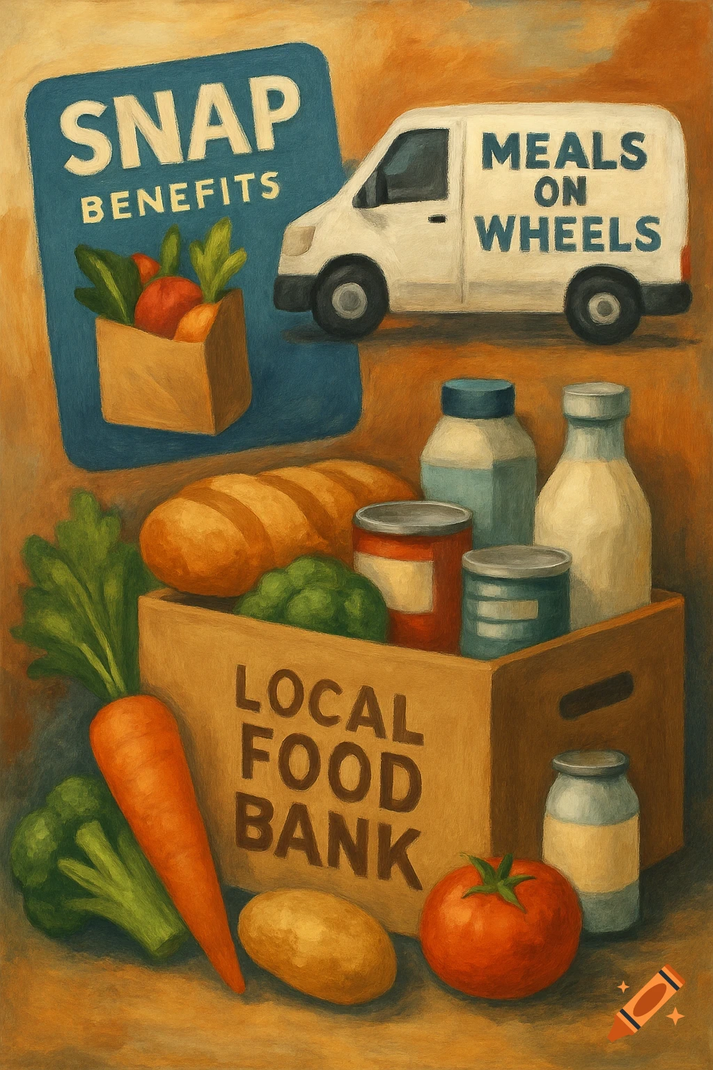 Food items, boxes labeled 'Local Food Bank', a 'Meals on Wheels' van, and a 'SNAP BENEFITS' sign are depicted in the scene.