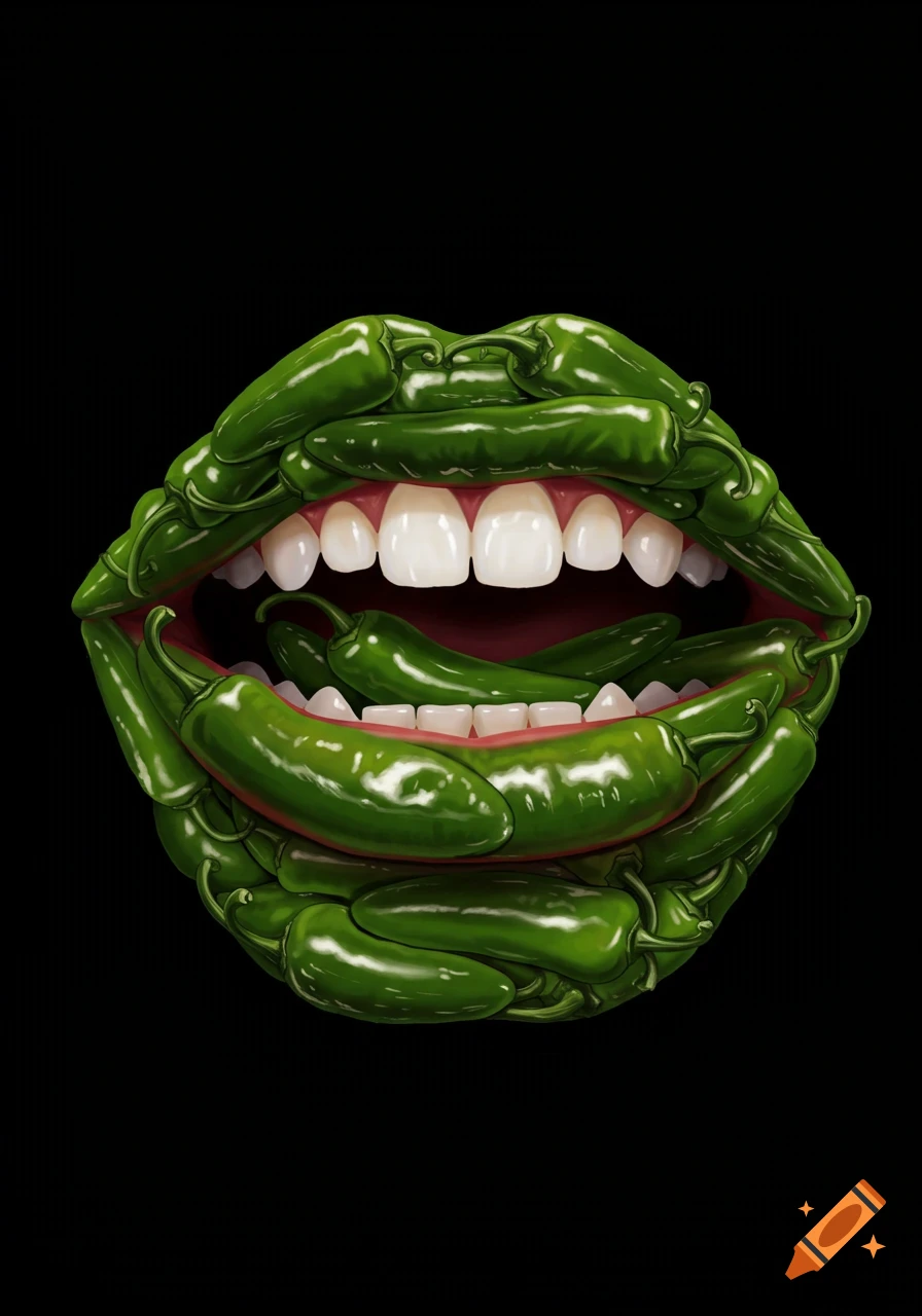 A human mouth made entirely of green jalapeno peppers with white teeth visible against a dark red interior, set against a black background.