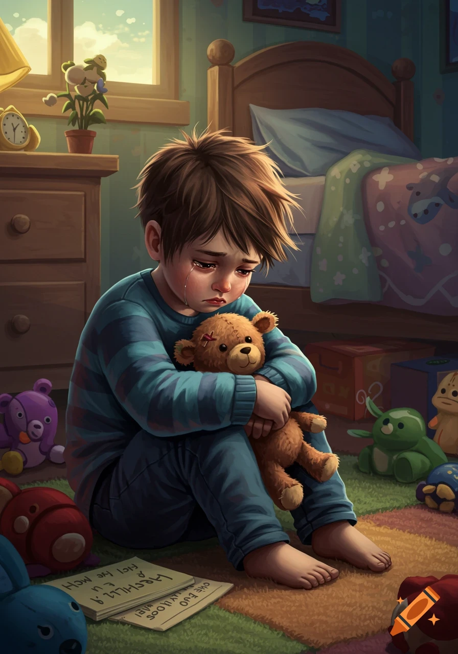A sad child crying and hugging a teddy bear on a bedroom floor amidst toys.